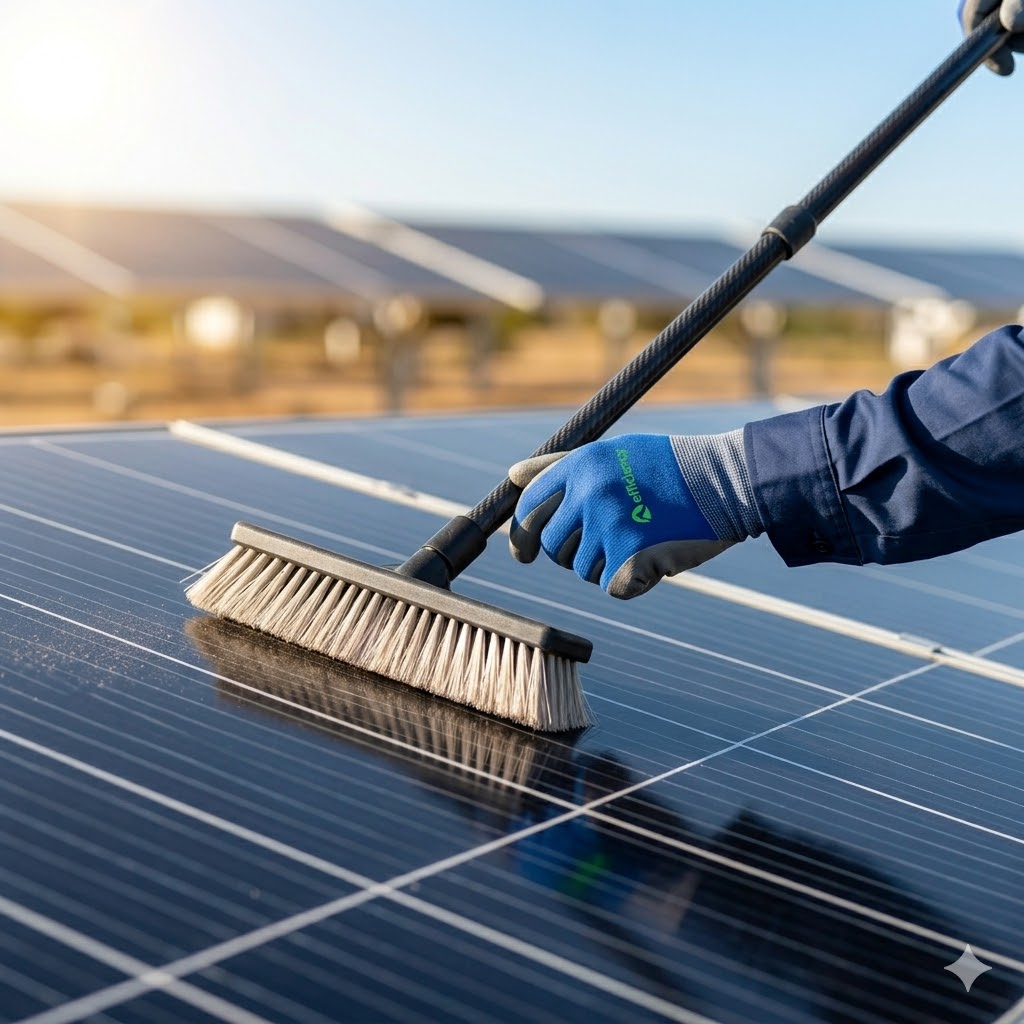 Equipamento de limpeza sendo usado em painéis solares.