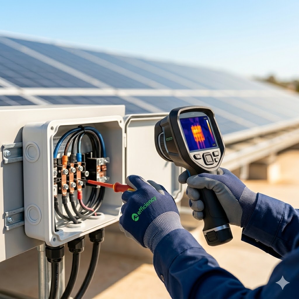Técnico realizando manutenção em painéis solares.