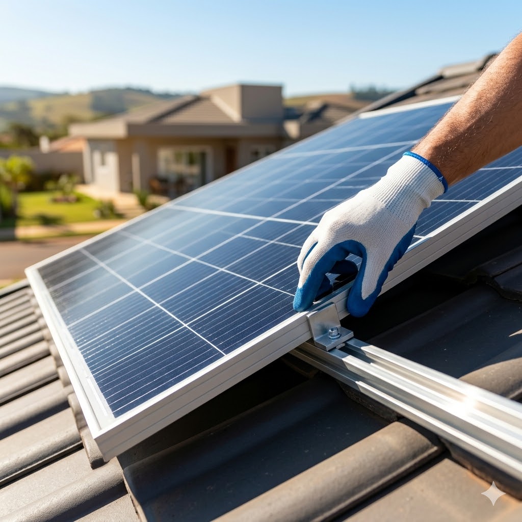 Painéis solares instalados no telhado de uma casa.